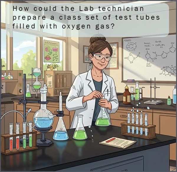 School lab technician preparing a class set of oxygen gas for her students